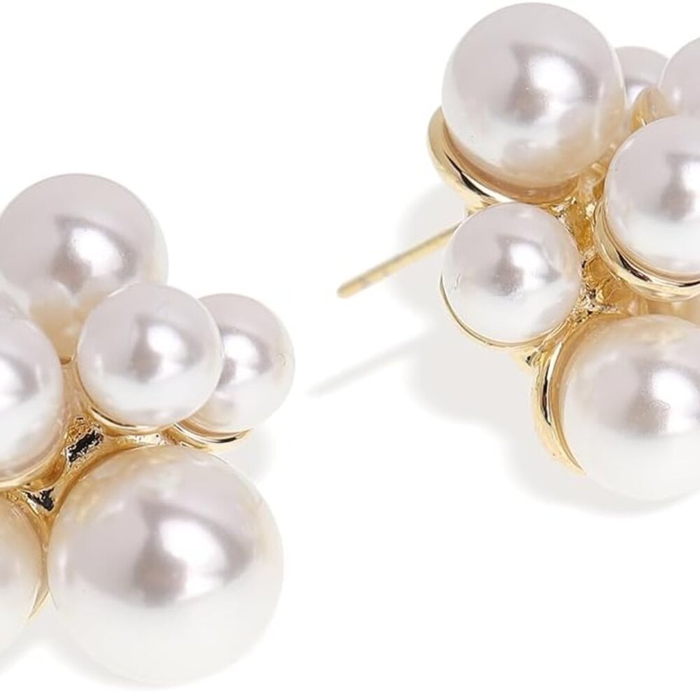 Pearl Flower Leaf Stud Earrings for Women Statement Cluster CZ Pearls Earring Go